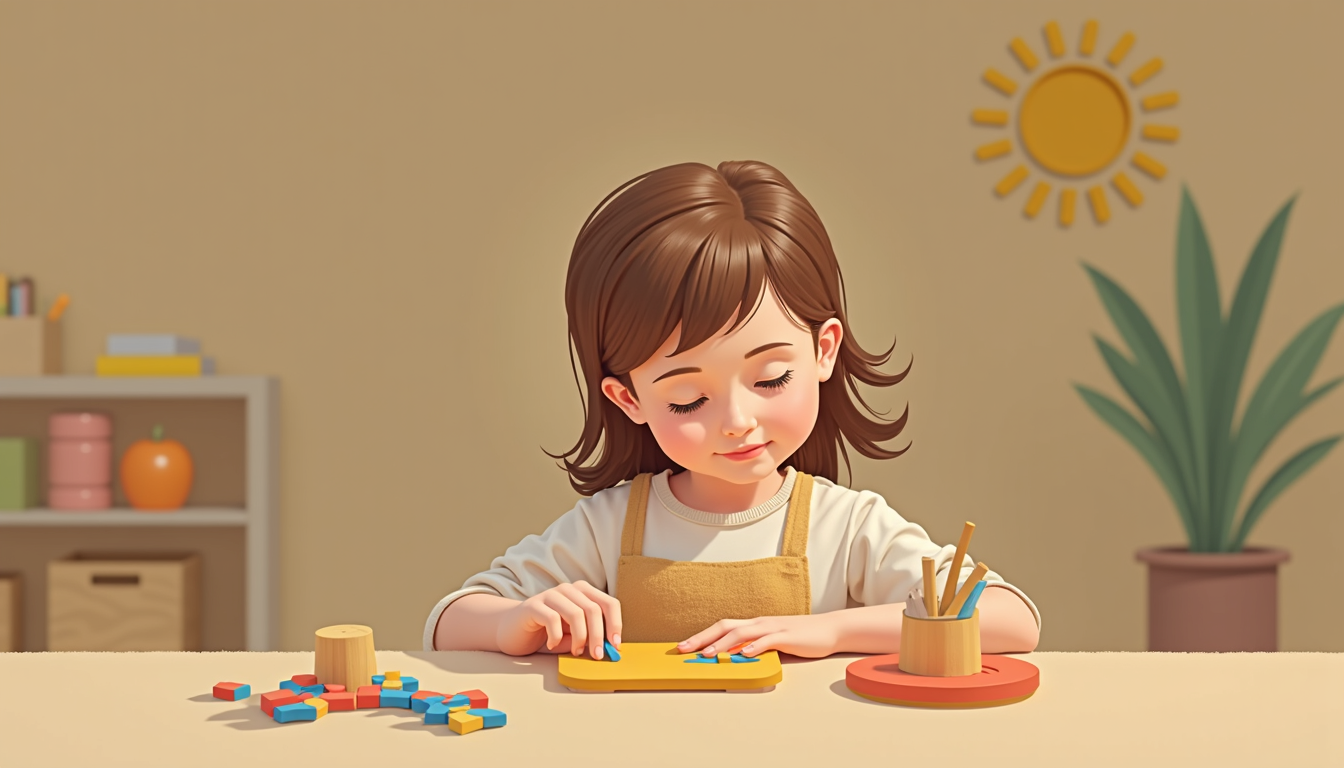 Copii într-un mediu Montessori modern, explorând materiale educative, reprezentând pedagogia Maria Montessori în 2026.